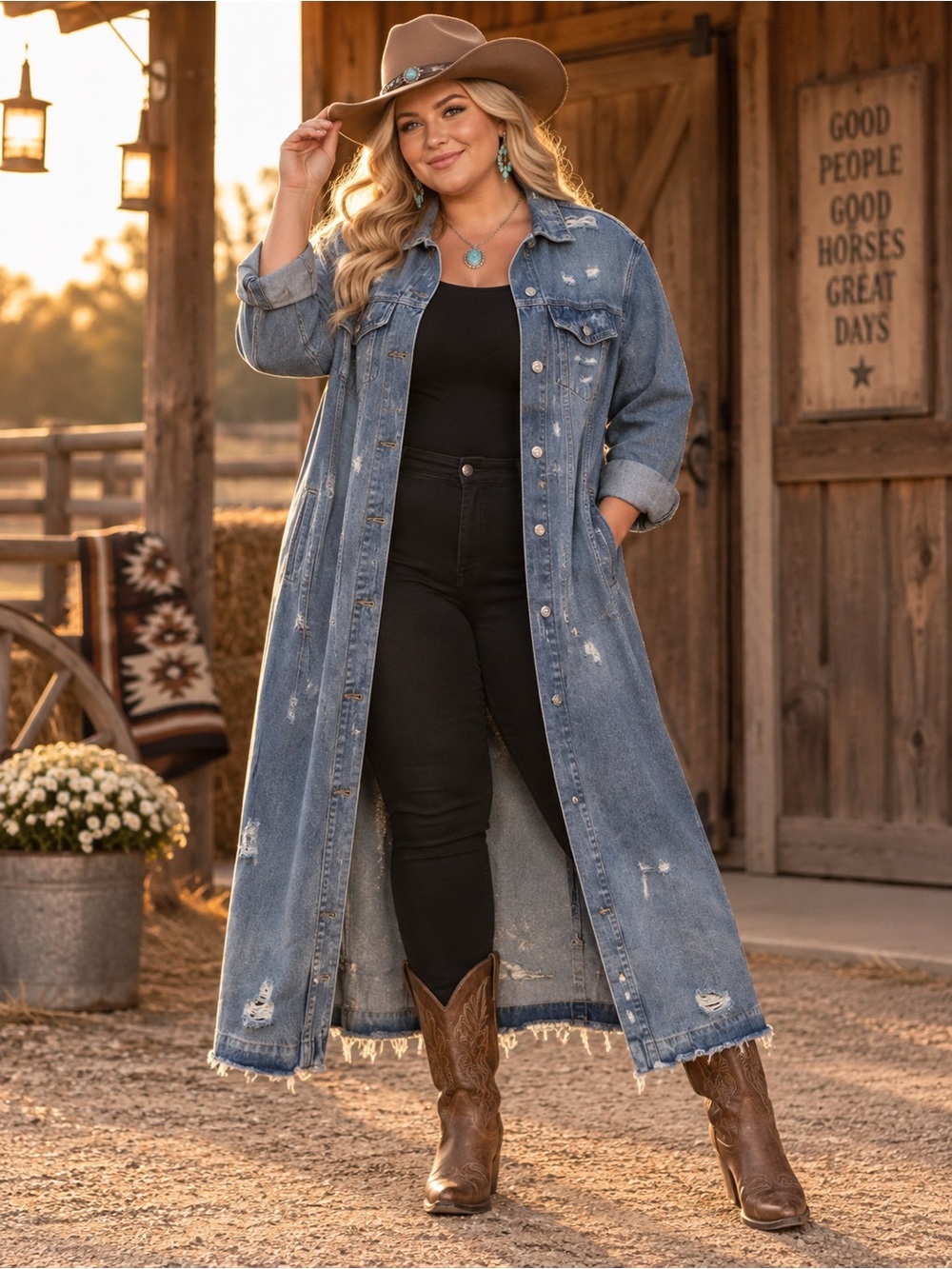 Veveret 2XL Long Distressed Denim Duster Jacket Maxi Western Boho